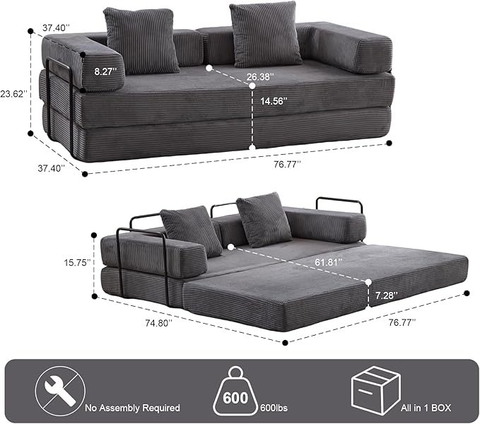 77" Convertible Foldable Floor Couch, 3-Seat Futon Sleeper Sofa for Living Room, Bedroom, or Apartment, with Pillow Backrest and Armrests, Corduroy Fabric, No Assembly Required, Dark Grey