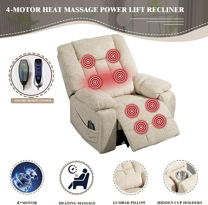 27in Extra Wide Recliner Chair for Big Man 400lbs, Oversized Power Lift Chair with Heat and Massage Hidden Cup Holder, Adjustable Headrest, Backrest, Lumbar & Footrest for Elderly, Cream
