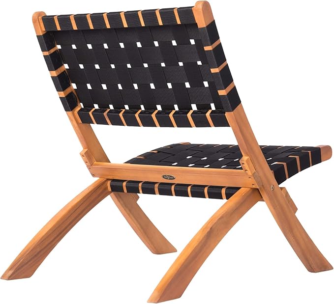 Balkene Home 62774 Sava Indoor Outdoor Folding Chair Low Slung Portable Seating Solid Acacia Wood Woven Seat & Back Indoors Porch Lawn Garden Fishing Sporting - Black Webbing