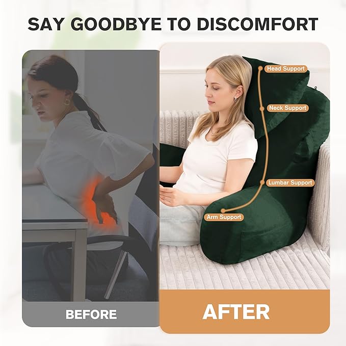 Unisakey Portable Reading Pillows with Headrest for Bed Sitting Up(Dark Green Oeko-Tex), Velvet Back Pillow with Arms & Pockets for Adults, Support Memory Foam Bed Pillow for Dorm/Watching/Gaming