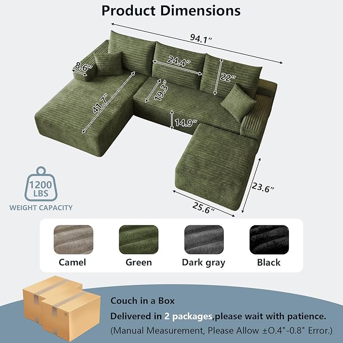 95" Cloud Sectional Couch with Ottoman,Modern U-Shaped Cloud Couch with Deep Seat,Comfy Corduroy 3-Seater Sofa,Memory Foam Sofa for Living Room,No Assembly (Green,Left-Facing Chaise)