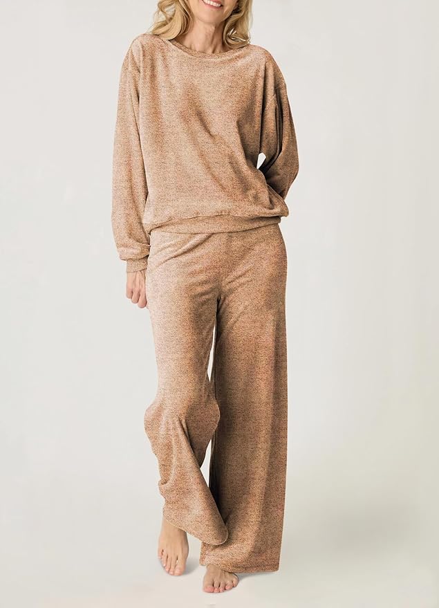Aamikast Women's 2-Piece Lounge Set Soft Brushed Jersey Sleepwear Pajamas Set Long Sleeve Top & Wide Leg Pants