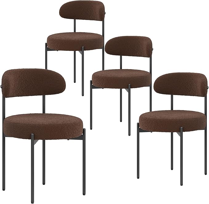 Farini Dining Chairs Set of 4,Mid-Century Modern Kitchen Chair Curved Backrest Round Upholstered Sherpa Dining Chairs with Metal Legs,Coffee