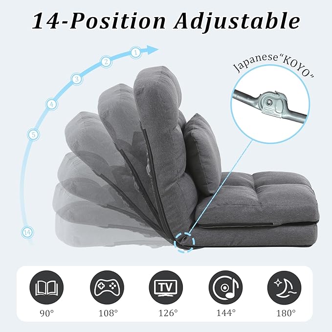 Chaise Lounge Indoor, 14-Position Floor Chair with Padded Pillow for Adults Kids, Folding Lazy Sofa Chair for Living Room, Bedroom, for Gaming Reading (Grey)