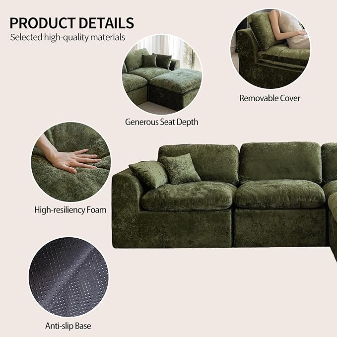 88''Cloud Sectional Couch, Modern L-Shape Sofa, Oversized Convertible 2 Seater Modular Couches for Living Room, Forest Green