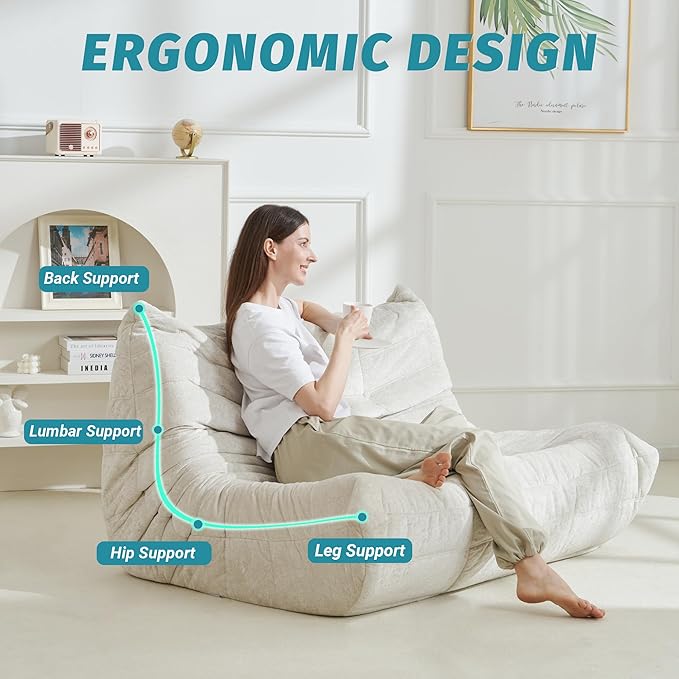 Homguava Bean Bag Chair, Giant Beanbag Chairs for Adults, Memory Foam Fireside Chair, Large Lazy Floor Sofa, Sofa Couch with High-Rebound Foam, Lounge Chair for Living Room, Bedroom (Beige, Loveseat)