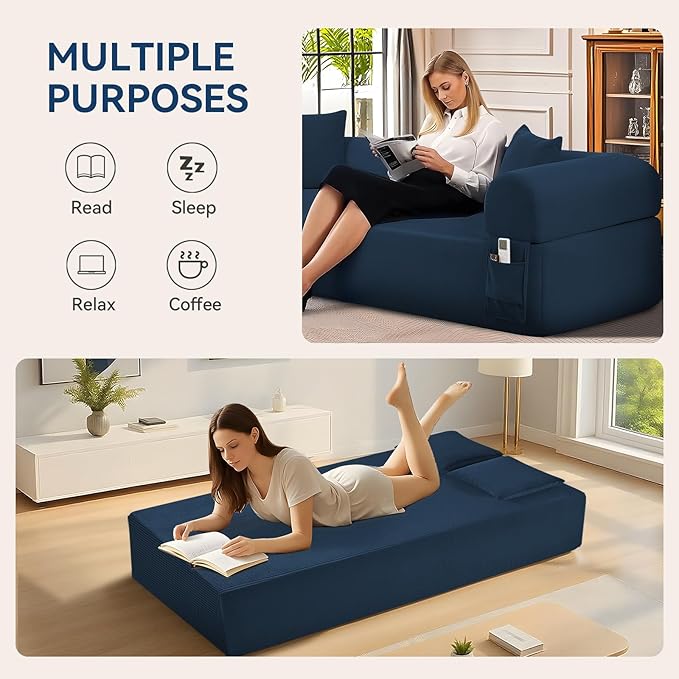 83" Boneless Couch, 3 Seater Sofa with 2 Matching Pillows Compact Corduroy Couches for Living Room Side Storage Pockets, Floor Sofa with Removable Armrests, No Assembly Required, Blue