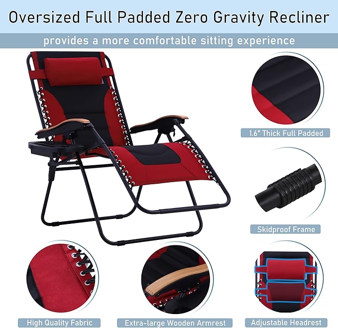PHI VILLA XXL Oversized Padded Zero Gravity Chair Set of 2, Foldable Patio Recliner, 30" Wide Seat Anti Gravity Lounger with Armrest and Cup Holder, Support 400 LBS (Red)