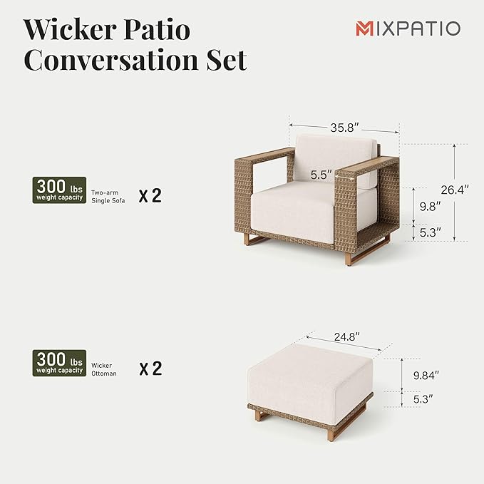 MIXPATIO 4 Pcs Outdoor Patio Furniture Set, Outdoor Wicker Modular Sofa Couch, 2 Rattan Single Sofa, 2 Ottomans with 10" Extra Thick Cushions
