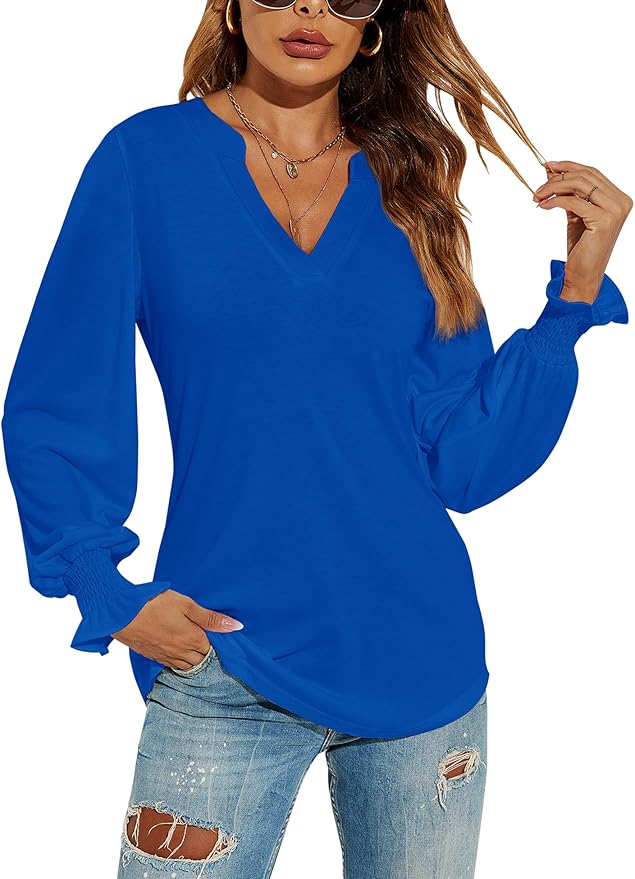 Romanstii Women's Casual V-Neck T-Shirts Loose Puff Long Sleeve Tops Tunic Blouses