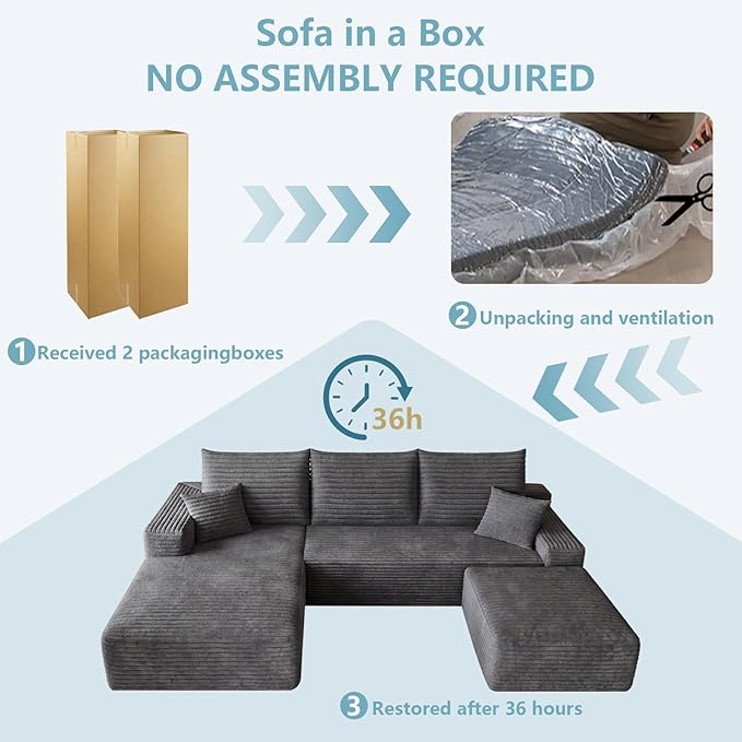 95" Cloud Sectional Couch with Ottoman,Modern U-Shaped Cloud Couch with Deep Seat,Comfy Corduroy 3-Seater Sofa,Memory Foam Sofa for Living Room,No Assembly (Dark Gray,Left-Facing Chaise)