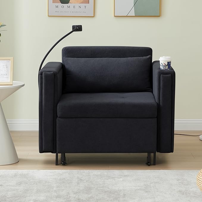 ORRD Pull Out Sofa Chair Bed, 2-in-1 Multi-Functional Sleeper Couch Small Loveseat Bed with Hidden Side Table, Phone Holder and Cup Holder for Living Room, Small Space, Apartment (Black)