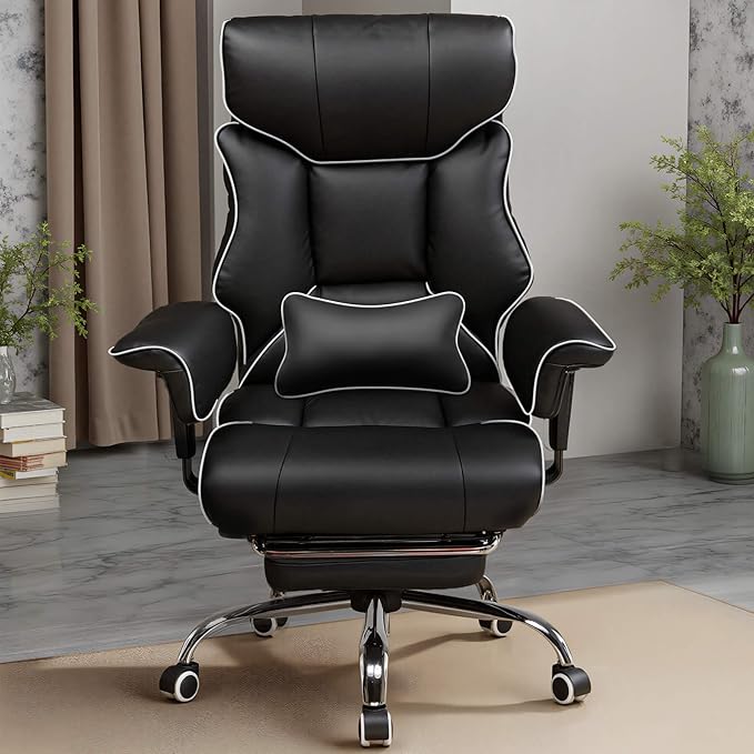 COMHOMA Big and Tall Office Chair 400lbs High Back Gaming Chair with Ergonomic Lumbar Support & Pocket Spring Cushion for Lower Back Pain Relief, Leather Executive Chair with Foot Rest, Iron Black