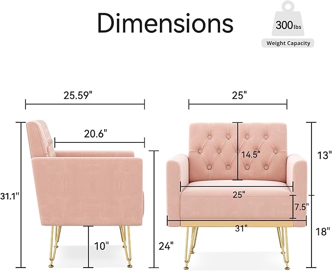 Accent Chair for Living Room, Comfy Oversized Velvet Upholstered Arm Chairs, Mid Century Modern Reading Single Sofa Side Chair with Tufted Back and Gold Legs for Bedroom (2, Pink)
