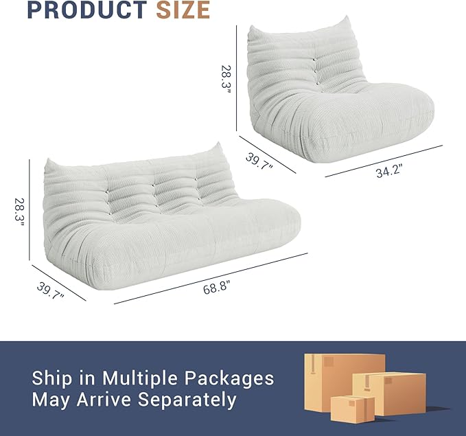 Fireside Chair Corner Bean Bag Chair for Adults, Modern Corduroy Fabric Caterpillar Sofa Couch, Lazy Floor Sofa Armless Foam Couch Lounger Tatami Recliner for Living Room Bedroom Dorm Office