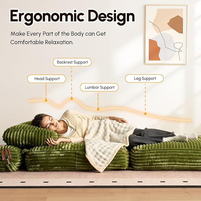 CAODOC Folding Sofa Bed Convertible Sleeper Chair with Pillow, Foldable Mattress Lounge Chair for Living Room Bedroom, Portable Guest Bed Green