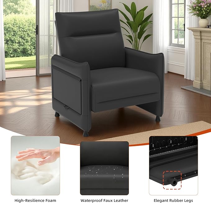 3-Piece Living Room Sofa Set, Faux Leather Loveseat & Accent Chairs Set of 2 with Hidden Foldable Tray & Side Pocket, Front Contour Arm Design, Upholstered Sofa Set for Office, Black