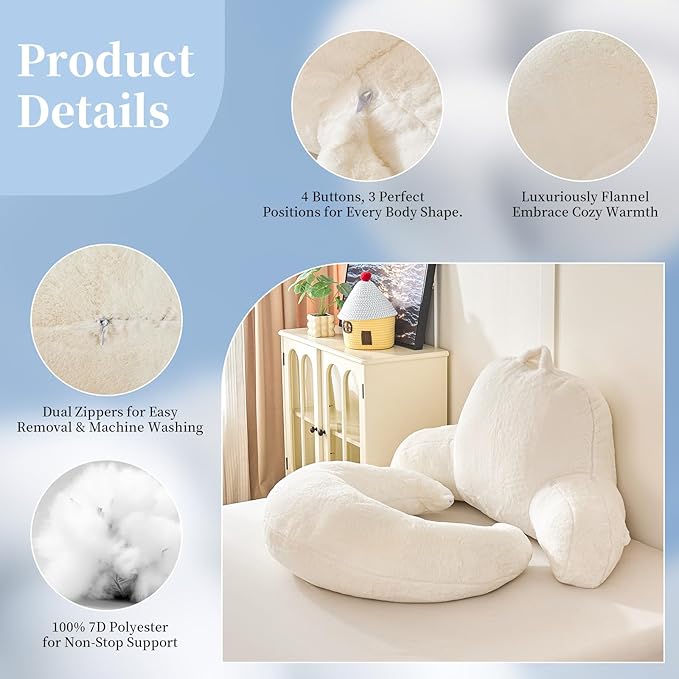 PAJEO Reading Pillow for Bed,U Shaped & Back Support Pillow for Bed,19" Backrest with Lumbar & Arm Support,Luxurious Faux Rabbit Fur,Gaming PillowFor Crochet/Reading/Watching TV,White