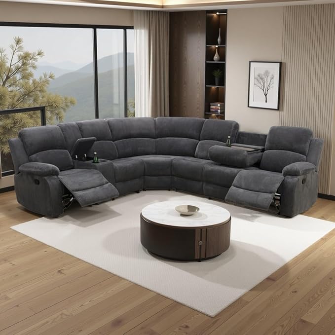 Manual Reclining Sofa Set with Drop-Down Table, Corduroy Sofa Sets, Living Room Furniture Sets, Modern Manual Recliner Sofa Sets with Storage Console for Living Room (Dark Grey, Sectional)