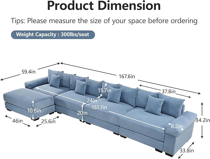 KEIKI 168" L-Shaped Oversized Corduroy Modular Cloud Sectional Sofa with 1 Ottoman, High-Density Foam Cushion, Extra-Thick Armrest, 4-Seater Fluffy Corner Couch with 12 Pillow, for Living Room, Blue