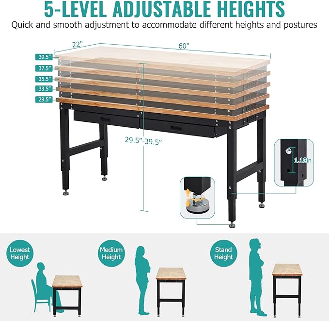 60 Inch Adjustable Height Rubber Wood Garage Workbench, Heavy Duty 3000LBS Work Bench with Drawers & Pegboard & Power Outlets Work Table for Garage, Workshop, Home Office