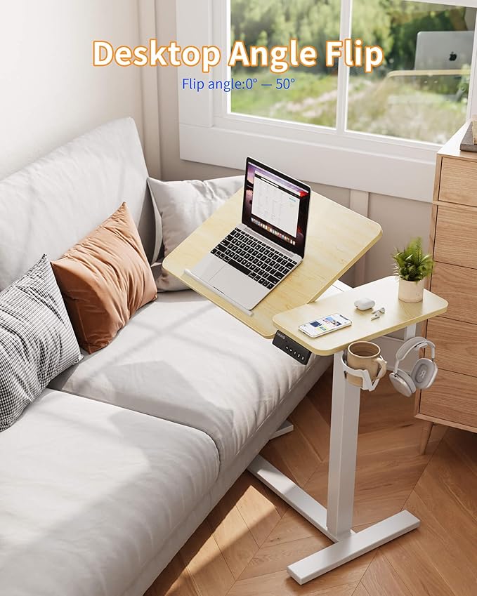 YIHAYO Adjustable Overbed Bedside Table with Wheels, 28 x 16 Inches Electric Mobile Standing Desk, Laptop Desk, Movable Overbed Tables Hospital Home Use, Natural