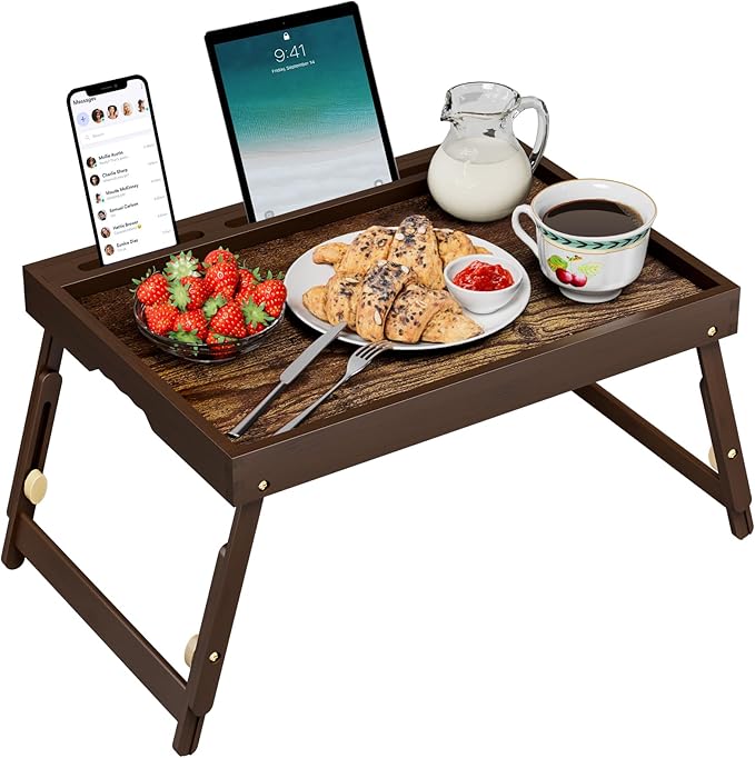 Bamboo Breakfast Tray with Telescopic Legs Tray with Foldable Legs and Removable Stand | Ergonomic Handle | Portable Bed Tray for Dining, Working, Laptop, Tablet and Phone