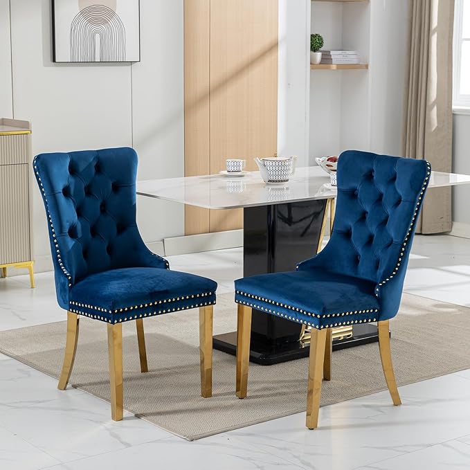 YeahFurn Mid Century Modern Dining Chairs Set of 6, Blue Velvet Upholstered Tufted Back, Kitchen & Dining Room Chairs, Gold Metal Legs, Nailhead Trim, Sillas para Comedor (Blue, 6 Pcs)