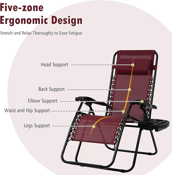 Tangkula Zero Gravity Chair, Folding Patio Lounge Chair Adjustable Outdoor Recliner with Cup Holder, Wide Armrest for Patio Garden Poolside Outdoor Yard Beach, Support 350 lbs (1, Wine)