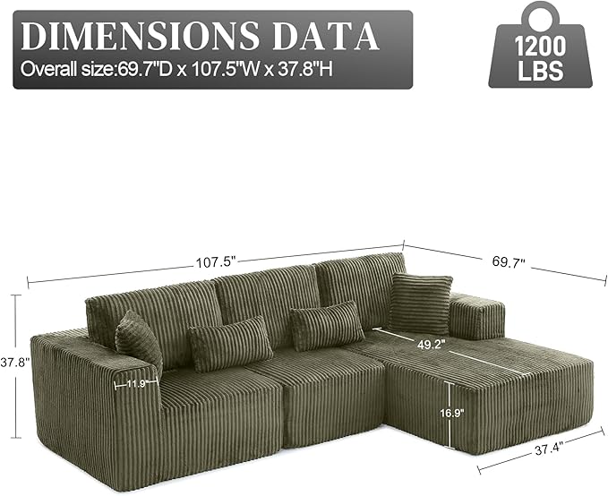 Modular Sectional Sofa Cloud Sectional Couch, 107" Comfy Fluffy L Shaped Olive Green Couches for Living Room, Deep Seat Memory Foam Plush Corduroy Boneless Couch Sectionals Right Facing Chaise Sofa