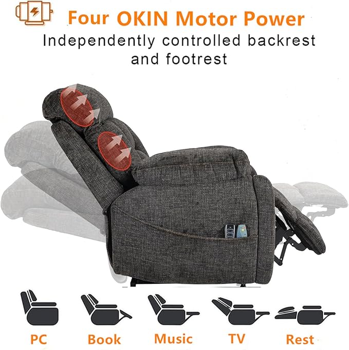 Lay Flat Power Lift Recliner Chair, | 400lbs | 25.5in Extra Wide | 4-Motor | Heat, Massage, Hidden Cup Holder, Sleeping | Big Man, Elderly (Charcoal Grey)