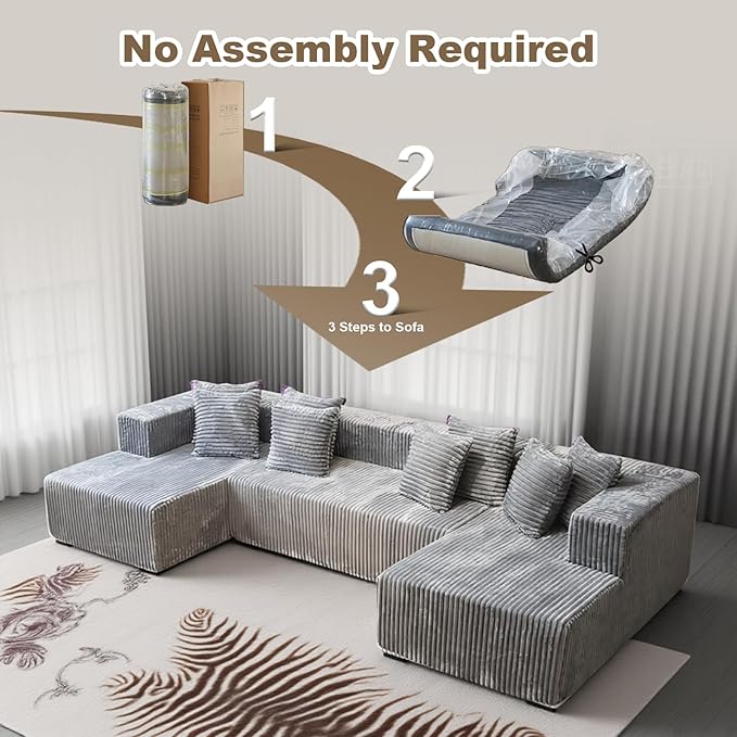 130'' U Shaped Couched for Living Room, Cloud Modular Sectional Couch with 2 Chaise Lounge, Modern Minimalist Upholstered Sofa Sleeper Deep Seat Corner Couch, No Assembly Required Grey