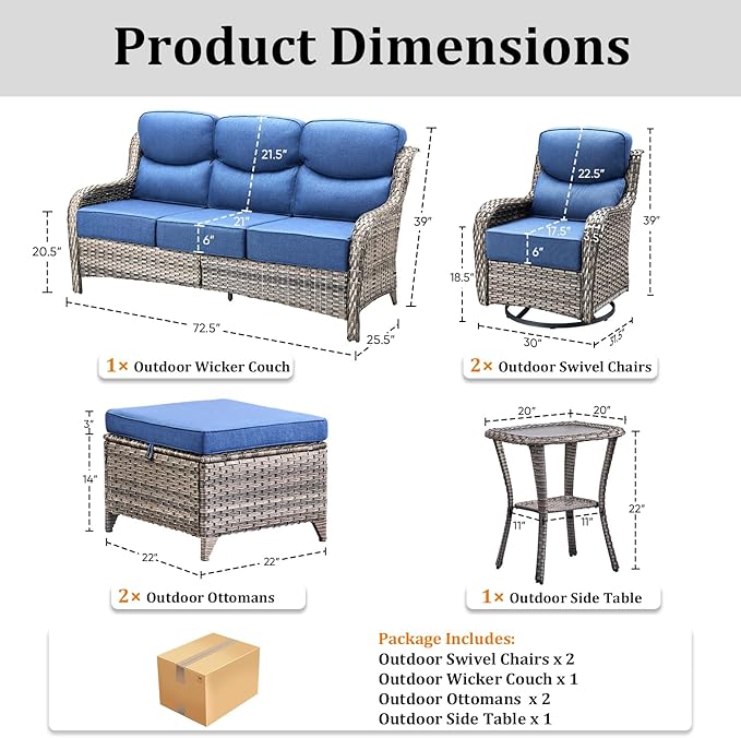 Pugire Luxury High Back Patio Furniture Set with 6-Inch Thick Cushions, 6-Pieces Outdoor Furniture with Swivel Chairs &Side Table, Wicker Conversation Set for Porch, Balcony, Deck and Yard, Grey/Blue