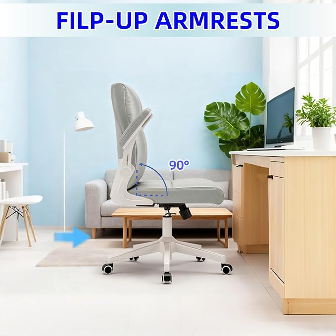 Ergonomic Home Office Desk Chair with Space Saving Flip-Up Arms, 360° Swivel & Reclining Back, Executive Chair in Soft Faux Leather Chair Multi-Angle from 90° to 135° with 450LBS Capacity（Gray）