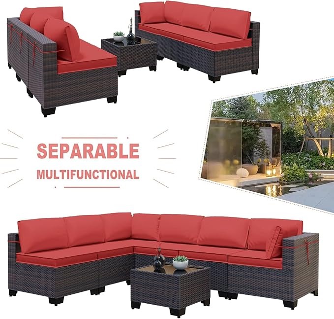 Kullavik 7 Pieces Outdoor Patio Furniture Set,Wicker Outdoor Sectional Sofa,All-Weather Patio Conversation Sets with Washable Thick Cushions & Coffee Table for Garden,Backyard,Balcony,Porch,Red