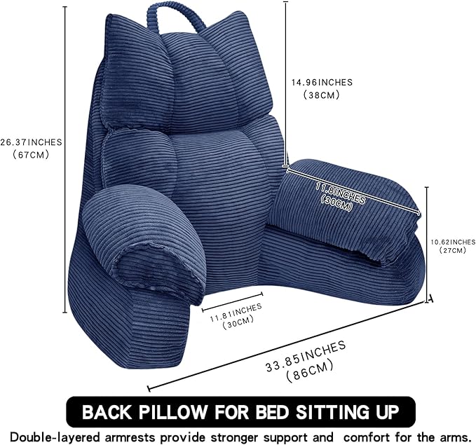 RRPAHWTV Reading Pillow for Bed with High Arm Rests,Back Support Pillow for Sitting Up in Bed with Shredded Memory Foam for Reading, TV, Gaming or Relaxing on Floor (Navy Blue, Large)