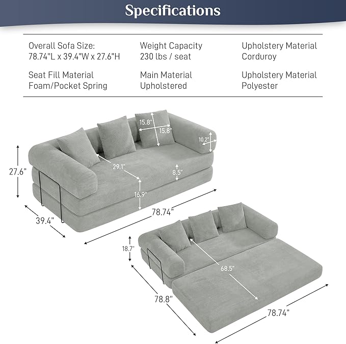 DAMAIFROM Convertible Sleeper Sofa Bed with Pillow, 4-in-1 Corduroy Folding Mattress Couch with Fixed-Shape Frame, Futon Fold Out Floor Sofa Cama Lounge Couch for Living Room Bedroom, Light Grey