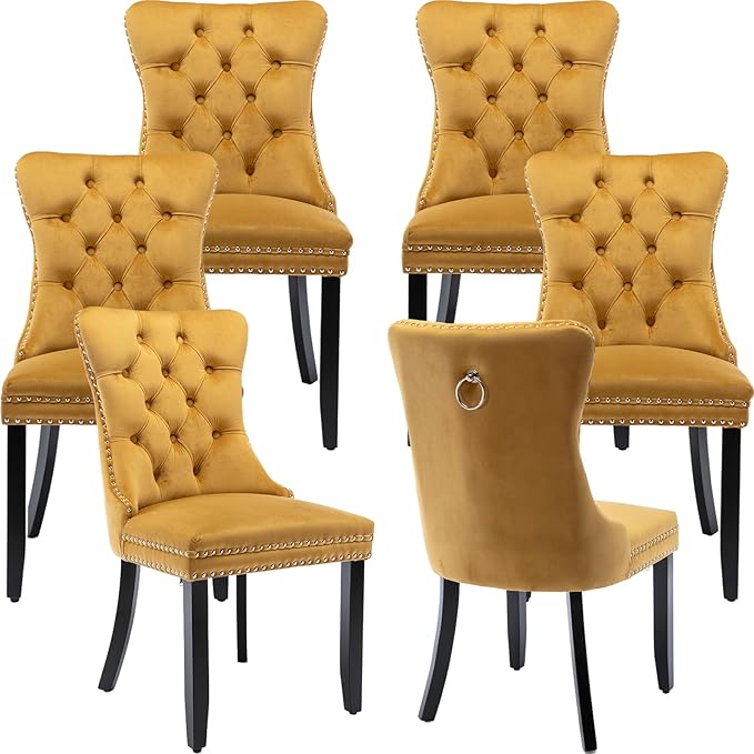 YeahFurn Yellow Mid Century Modern Dining Chairs Set of 6, Velvet Upholstered Kitchen & Dining Room Chairs with Nailhead Trim & Solid Wood Legs, Elegant Sillas De Comedor (Yellow, 6 Pcs)