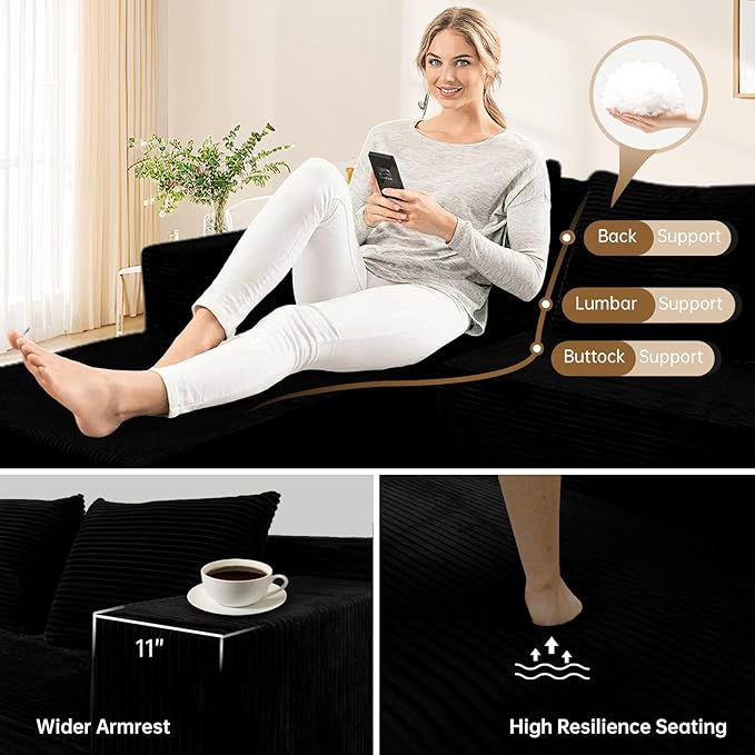 ANONER 103" L-Shaped Sofa Bed Cloud Couch, Modular Sectional Corner Sofa with Deep Seat, Modern Minimalist Boneless Couch with Chaise, Free Combination Couches for Apartment (Black)