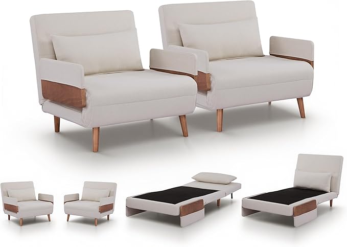 CITTANEO 2 Sets 34" Convertible Sleeper Chairs, 3-in-1 Chair Bed Sleeper for Adults with Adjustable Backrest, Pillows & Wooden Arms, 2 Piece Sofa Bed Sets for Living Room, Apartment, Office, Beige