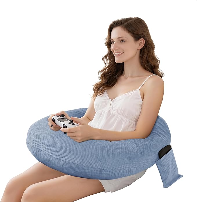 DWCN Reading Pillow for Gaming, Gaming Pillow for Lap Support with Side Pocket & Back Strap for Bed, Sofa, Floor - Arm Rest Pillow for Playing, Working, Sitting, Crocheting (Blue)