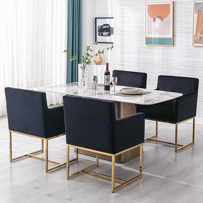 BESTANO Set of 4 Upholstered Velvet Dining Chairs with Armrest, Mid Century Modern Accent Armchairs, Modern Kitchen & Dining Room Chairs with Gold Frame, Black
