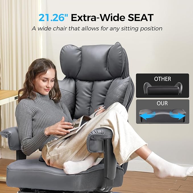 COMHOMA Desk Office Chair 400LBS Big and Tall Office Chair Ergonomic Gaming Chair with Wide Seat Leather High Back Chair with Foot Rest Adjustable Armrests Pocket Spring Lumbar Support