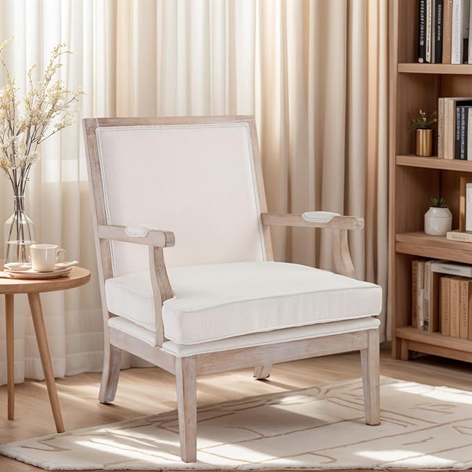 DM Furniture Accent Chair Set of 2 Mid-Century Modern Living Room Chair Linen Fabric Upholstered Lounge Armchair with Solid Wood Frame & Removable Cushion for Living Room, Bedroom, Balcony, Beige