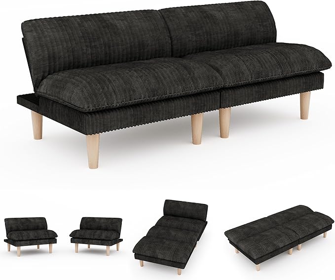 2 Sets 69" Futon Sofa Bed, 4 in 1 Multi-Function Couch Sleeper with Adjustable Backrest, Modern Convertible Futon, Recliner Small Loveseat for Living Room, Plush Dark Grey