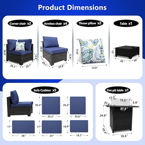 3D MATRIX 8 Pieces Patio Furniture Set with 28" Fire Pit Table, Wicker Outdoor Sectional Couch, Rattan Conversation Set for Backyard, Deck, Garden Lawn, Brown/Blue