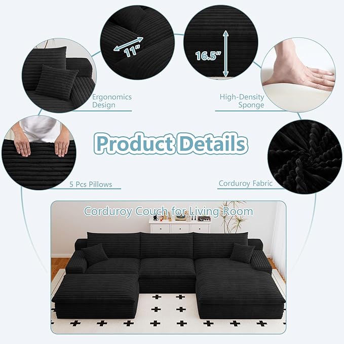 107" Cloud Sectional Couch with U-Shaped Chaise,Corduroy Viral Boneless Sofa with Ottoman,Memory Foam Couches in a Box with Deep Seat for Living Room,No Assembly Required(Jet Black,Right-Facing Chaise