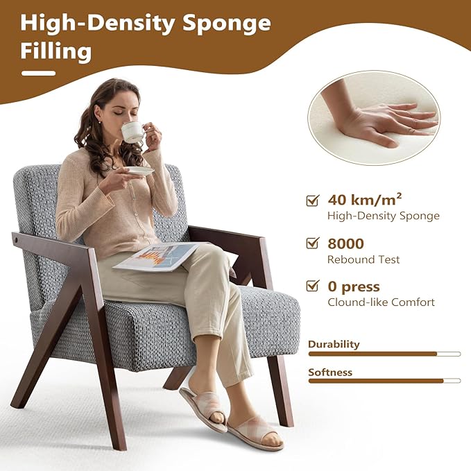 Bonzy Home Mid-Century Modern Accent Chair with Solid Wood Frame, Upholstered Armchair for Bedroom & Living Room,Reading Side Chair with Soft Lien Fabric Cushion,Easy Assembly