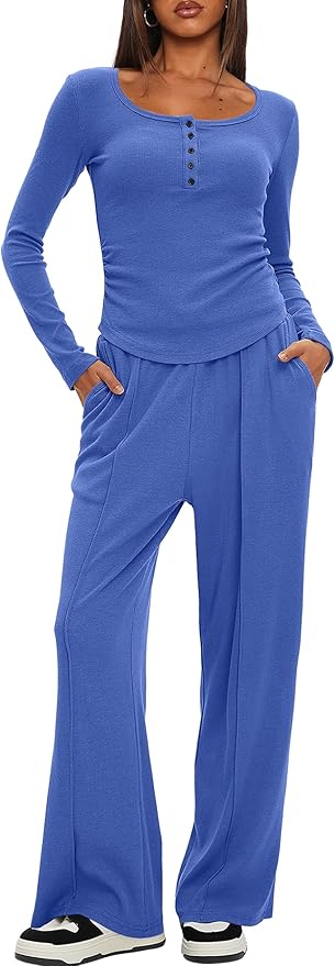 Darong Womens 2 Piece Matching Lounge Sets 2026 Long Sleeve Henley Shirts Wide Leg Pants Airport Travel Outfits