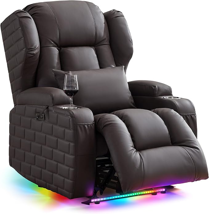 Wall Hugger Power Recliner Chair with Heat and Massage, Overstuffed Reclining Sofa Chair for Living Room Home Theater RV with 3-Side LED Lights/Cup Holders/USB & Type C Port (Brown)